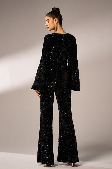Svart Paljetter Langermet Jumpsuit med Belte